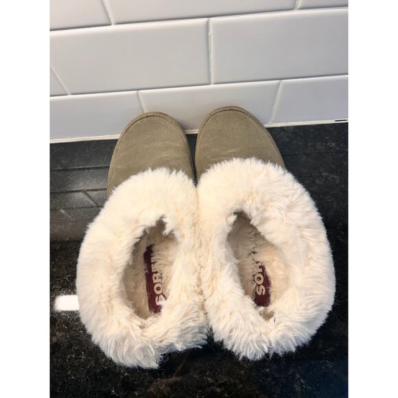 Sorel Go Coffee Run Women's Suede Faux Fur Slip-On Slippers Greyish Tan Size  7 - Picture 7 of 11